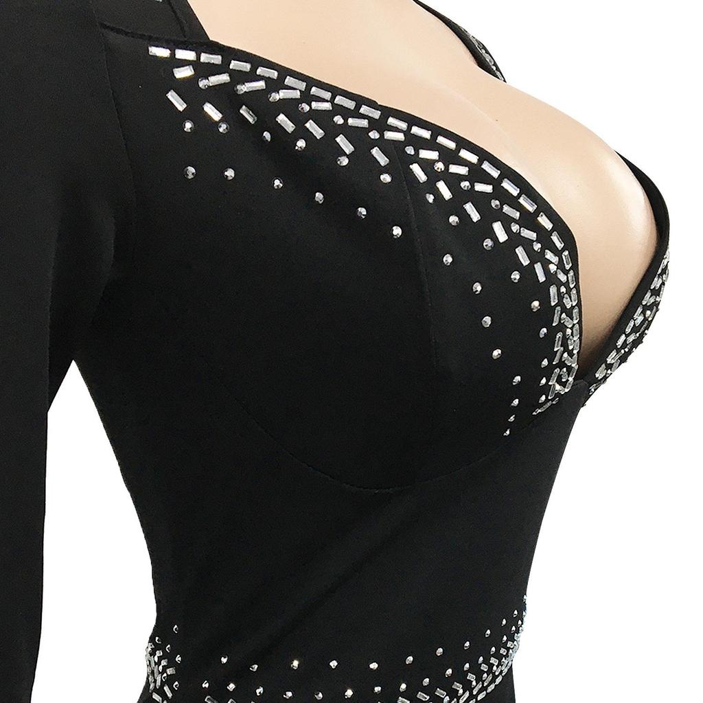 Rhinestone V-Neck Sexy Slit Long Sleeve Irregular Dress for Women