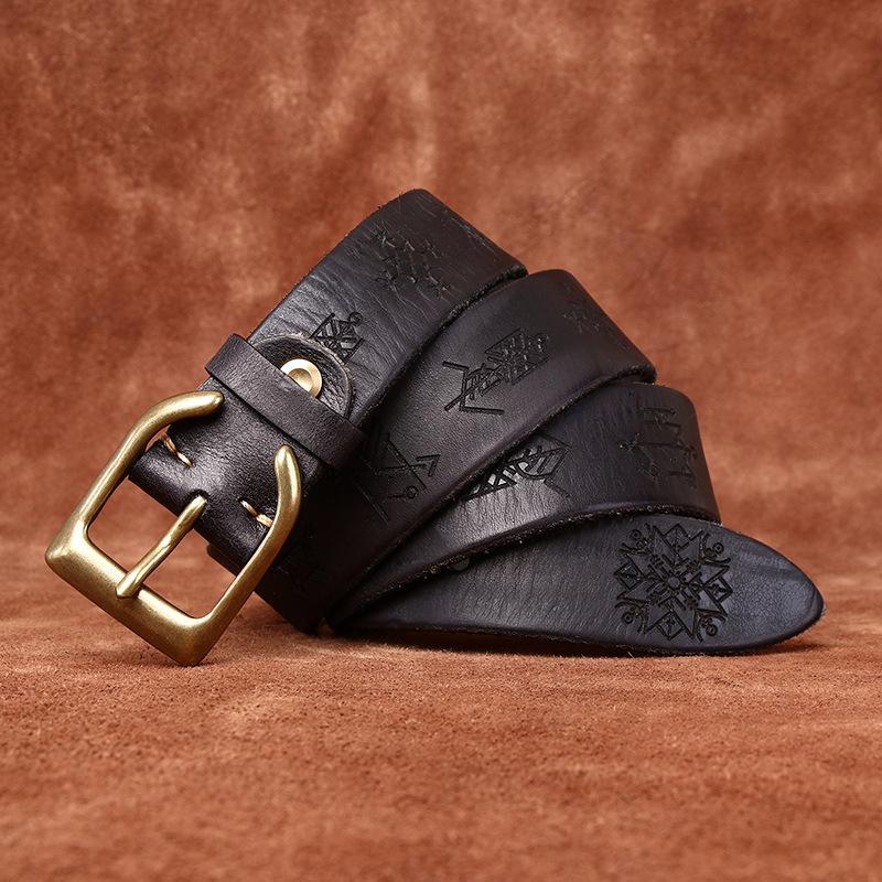 Cintura da Uomo Ispessita Vera Pelle Conciata al Vegetale Pieno Fiore Pelle Bovina Retrò Personalità Trendy Intagliata Versatile Cintura per Jeans da Uomo