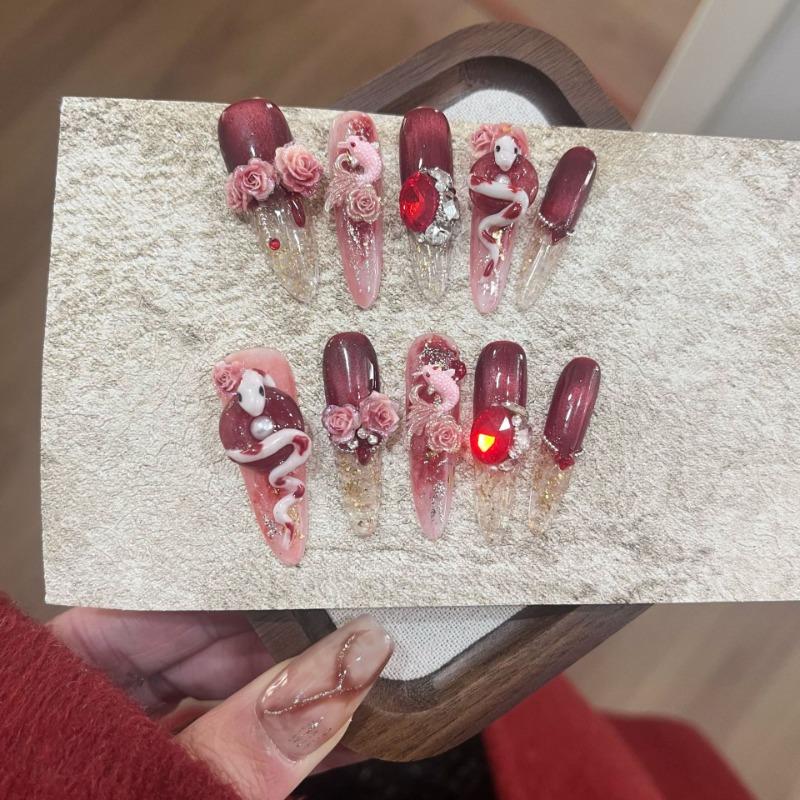 10Pcs Handmade Stiletto Nails Full Cover Lucky Snake Rhinestone Rose Wearable Artificial Almond Acrylic Manicure for Women&Girls