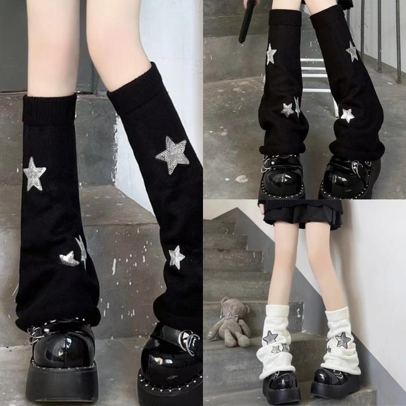 Pierneras Lolita para Niñas Y2K Estrella Tejidas Mangas de Pierna Acampanadas Puño Holgado Gótico Calcetines Tobillo Montón Cubre Pies Uniforme JK