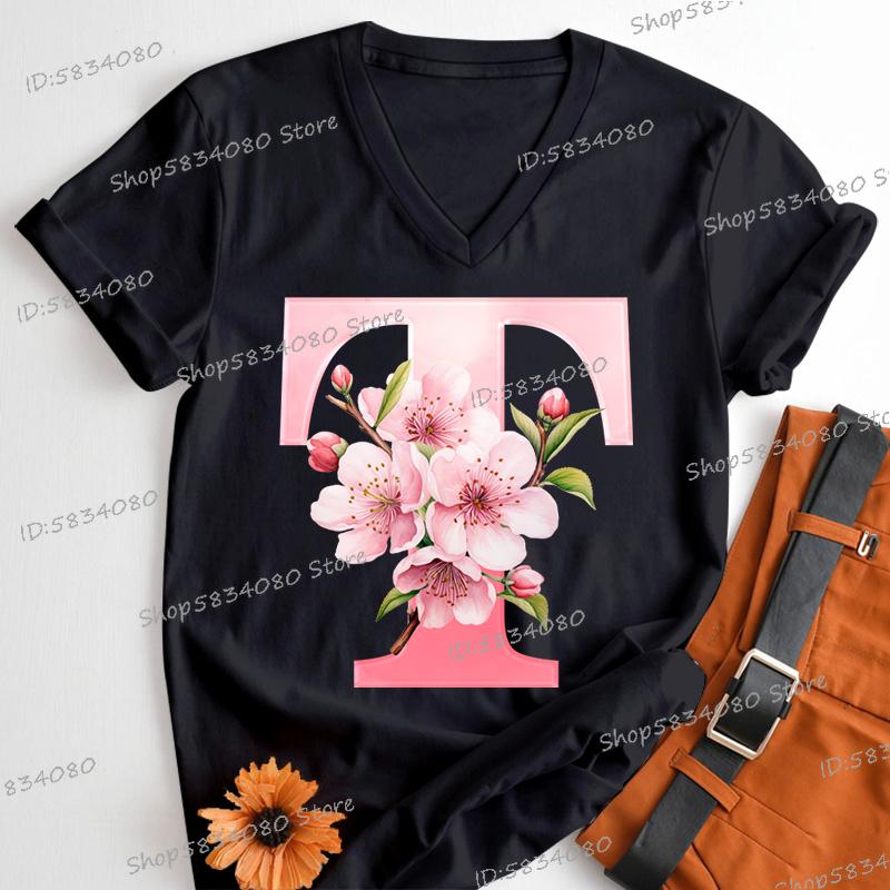 Pink Sakura Alphabet Shirts Gift for Women Letter S Floral Monogram Cartoon Tshirt Cherry Blossom Letters A B C D Casual Tops