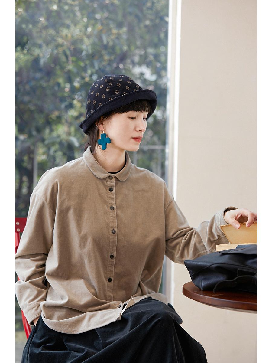 Women s Retro Milk Tea Cotton-Spandex Warm Casual Shirt Large