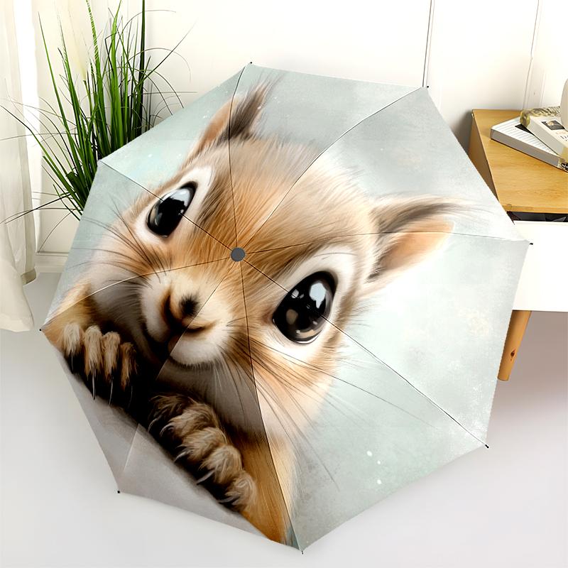 Cute Squirrel pattern, automatic folding umbrella, portable and foldable design, 8 ribs, a Christmas or birthday gift.