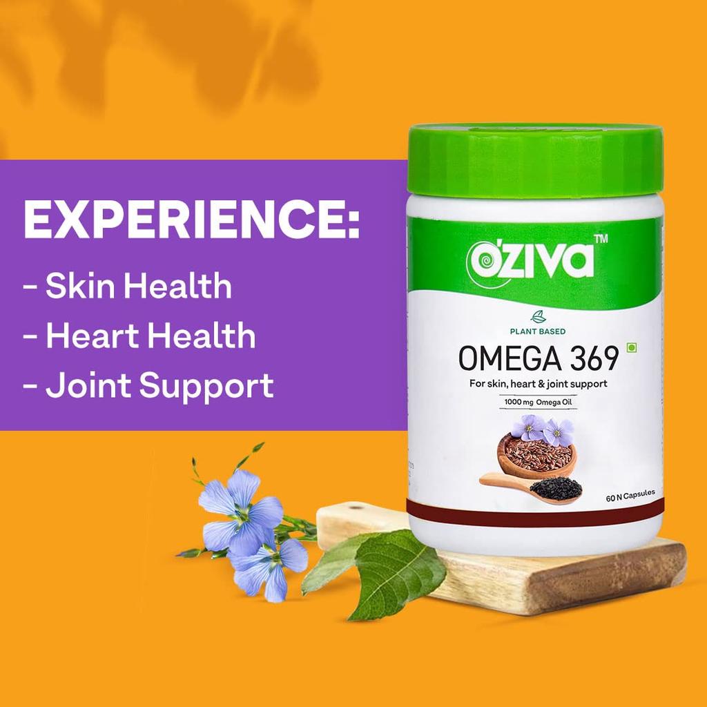 OZiva Plant Based Omega 3 6 9 Multivitamin Supplement for Men & Women (1000 mg Vegan Omega Oil Concentrate with Flaxseed & Blackseed Oil) Fatty Ac