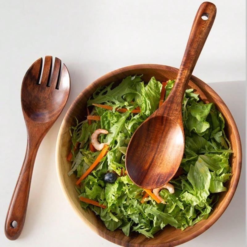 Premium Natural Wood Salad Spoon and Fork Durable Long Handle Mixing Utensils for Home Kitchen Restaurant Use Salad Preparation,
