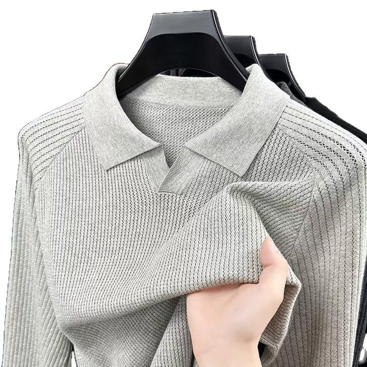 Pure Cotton Long-Sleeve Knit Polo Shirt For Men, Spring/Autumn Trendy Versatile Scissor Collar Base Layer, Elegant Top