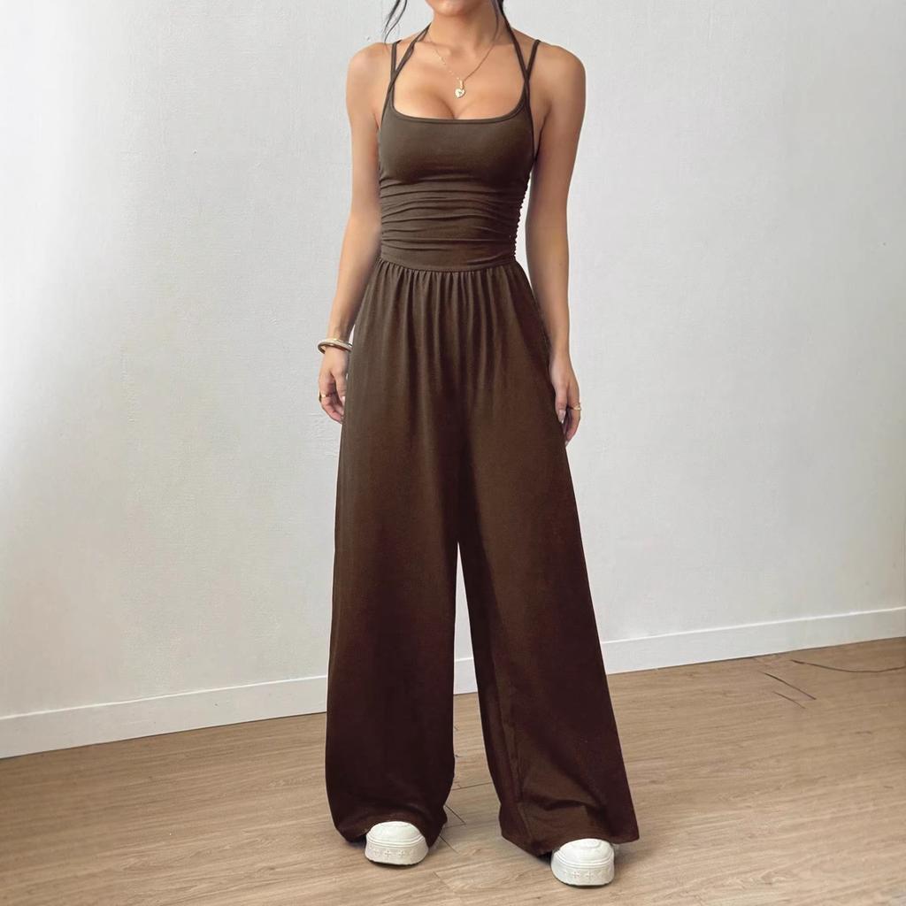 Solid Color Halter Sleeveless Ruched High Waist Wide Leg Casual Jumpsuit
