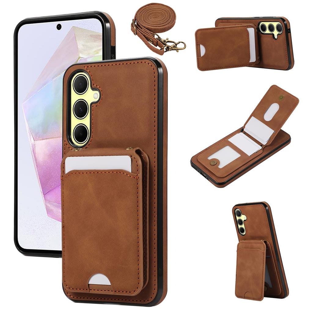 For Samsung Galaxy S25/S24 Case Card Holder Kickstand Leather + TPU Phone Cover with Shoulder Strap