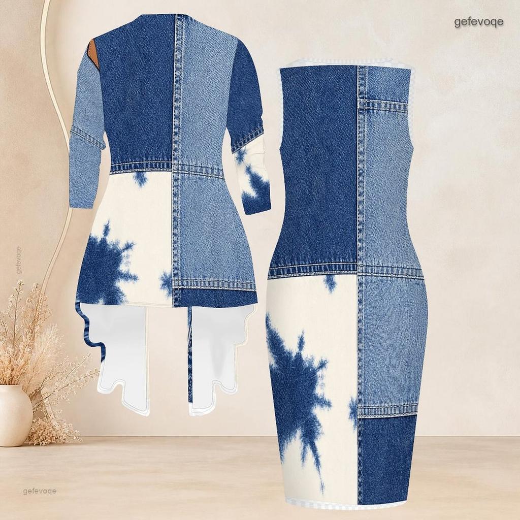 Women Plus Size Printed Two Piece Outfit Sleeveless Bodycon Dress Long Sleeve Draped Cardigan