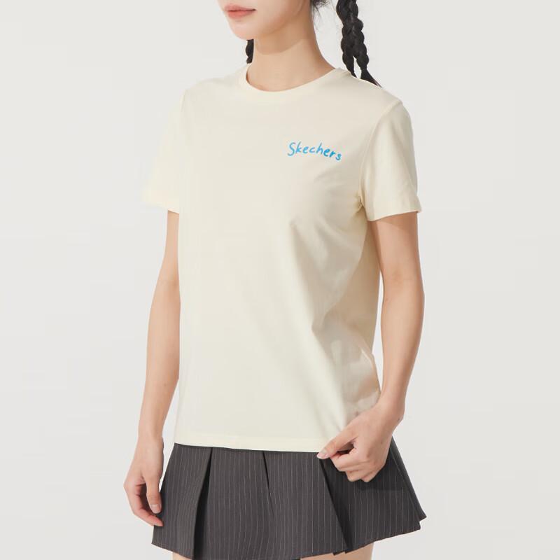 Skechers Fashion Sports Series Comfortable Round Neck Pullover Short Sleeve T-Shirt Women Tops Cream Off-White P225W303-00NA