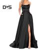 Evening Dress Spaghetti Strap High Slit Off Shoulder Backless Sleeveless Side Pockets A-line Floor Length Satin Pure Color Prom Banquet Party Maxi