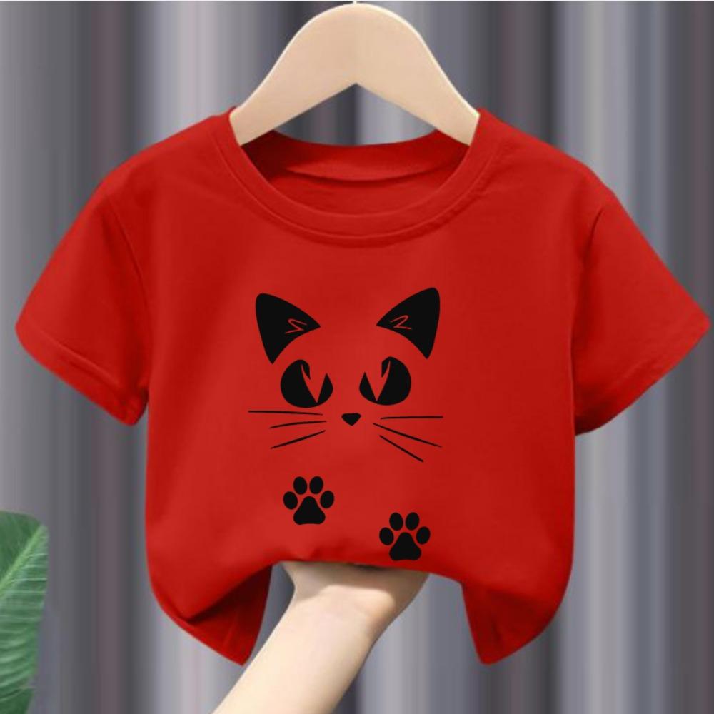 Cartoon cat print black and white short-sleeved children's T-shirt, boys' and girls' clothing