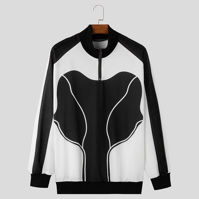 

INCERUN Men Mockneck Long Sleeve Patchwork Zipper Pullovers Streetwear 4XL