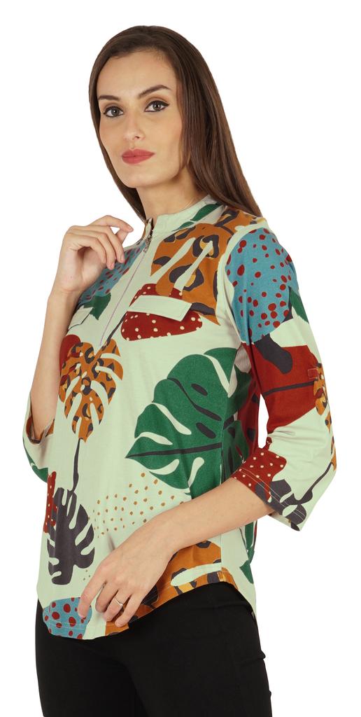 Inkmeso Fashionable Printed Casual Top For Women  s Mandarin Collar Relaxed-Fit Tunic