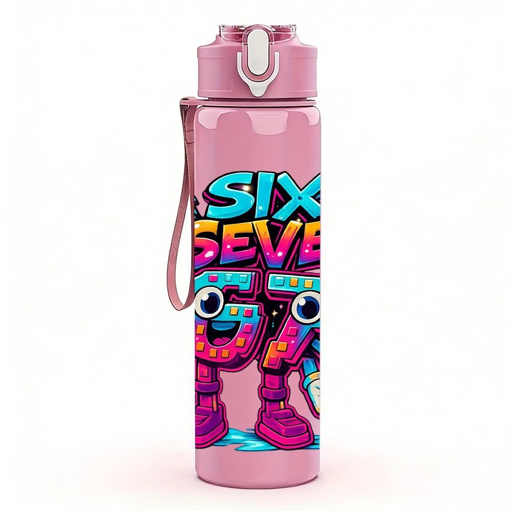 1PC Six Seven Bright Graffiti Cartoon Print 750ml Color Plastic Sports Water Bottle Leakproof Flip Straw Lid Suitable for Sports Office Home Use
