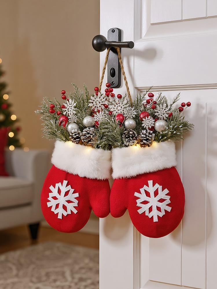Christmas Gloves Door Decoration with Light LED Christmas Decoration Artificial Garland for DIY Front Door Window Wall
