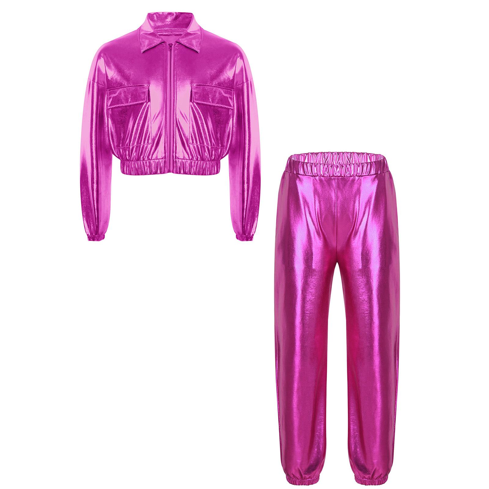 Unisex Glänzende Jacke Umlegekragen Langarm Hip Hop Jazz Dance Oberbekleidung Metallische Hosen Set 5-6 Years heißes rosa