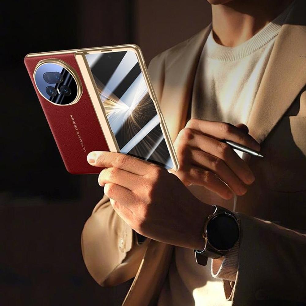 Pouzdro pro Honor Magic V5 5G Kožené+PC Kryt na telefon s HD tvrzeným sklem, Stojánek na objektiv