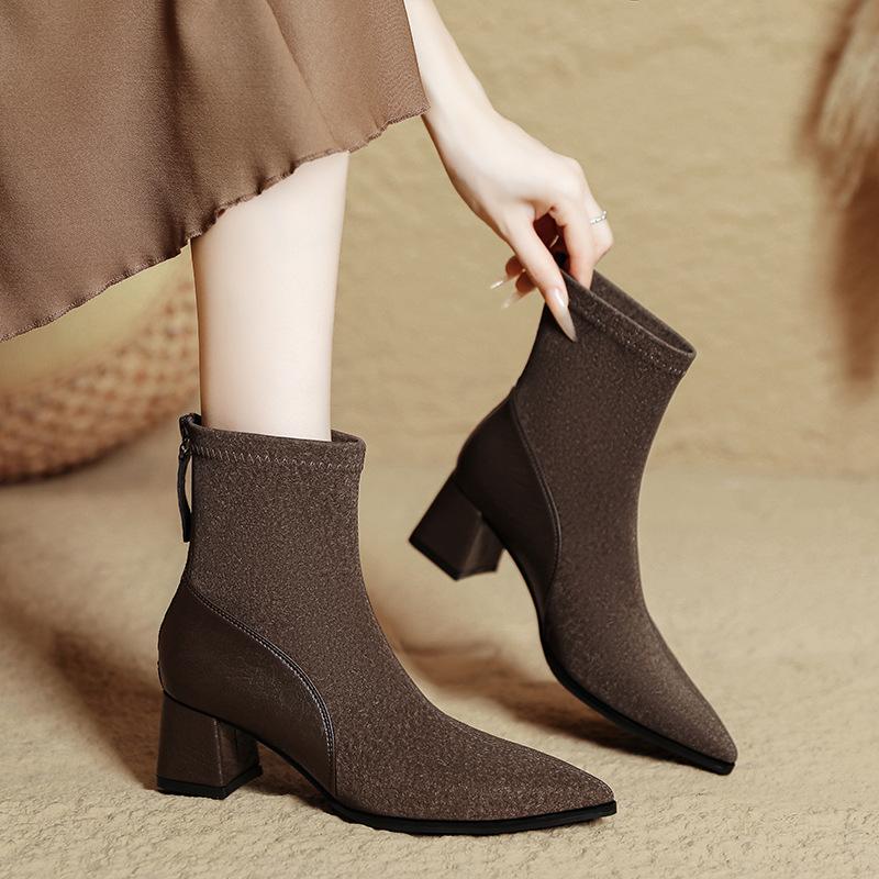 Pointed Short Boots Women's Thick Heel 2025 New Autumn and Winter Soft Leather High Heel Thin Boots Medium Boots French Small Short Boots