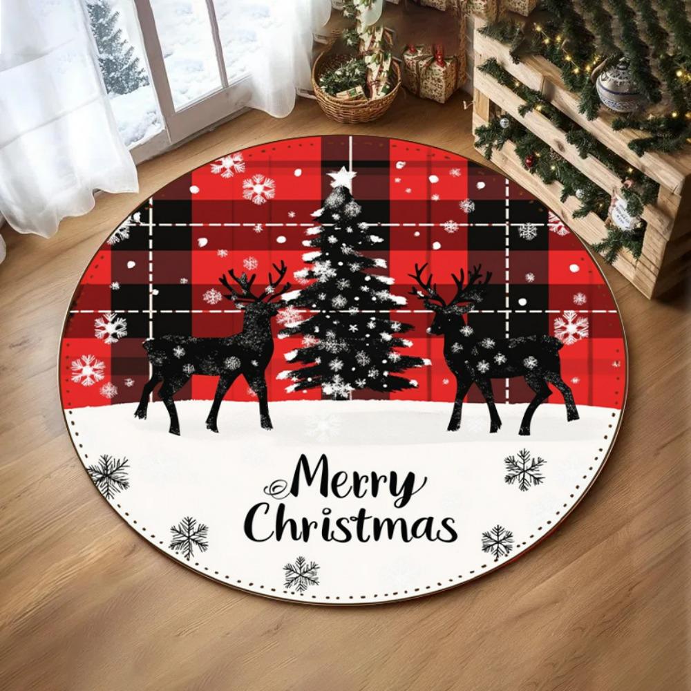 Feiertags-Saisonale Deko Runder Teppich Schneeflocken Baum Design Teppich Rentier Weihnachten Blume Bereichsteppich für Gemütliches Wohnzimmer Schlafzimmerteppich