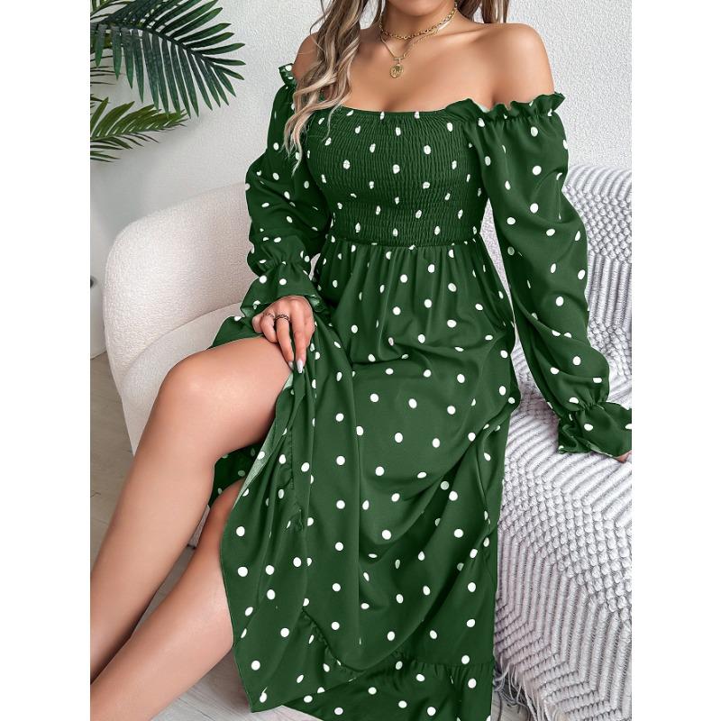 Herbst und Winter Casual Holz Ohr Seite Quadrat Kragen Polka Dot Swing Langes Kleid