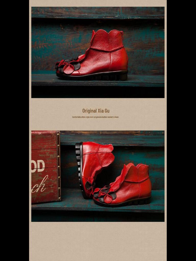 Women's Handmade Retro Real Leather Martin Boots with Thick Soles and Heels, Rear Zipper, Short Design for Autumn and Winter