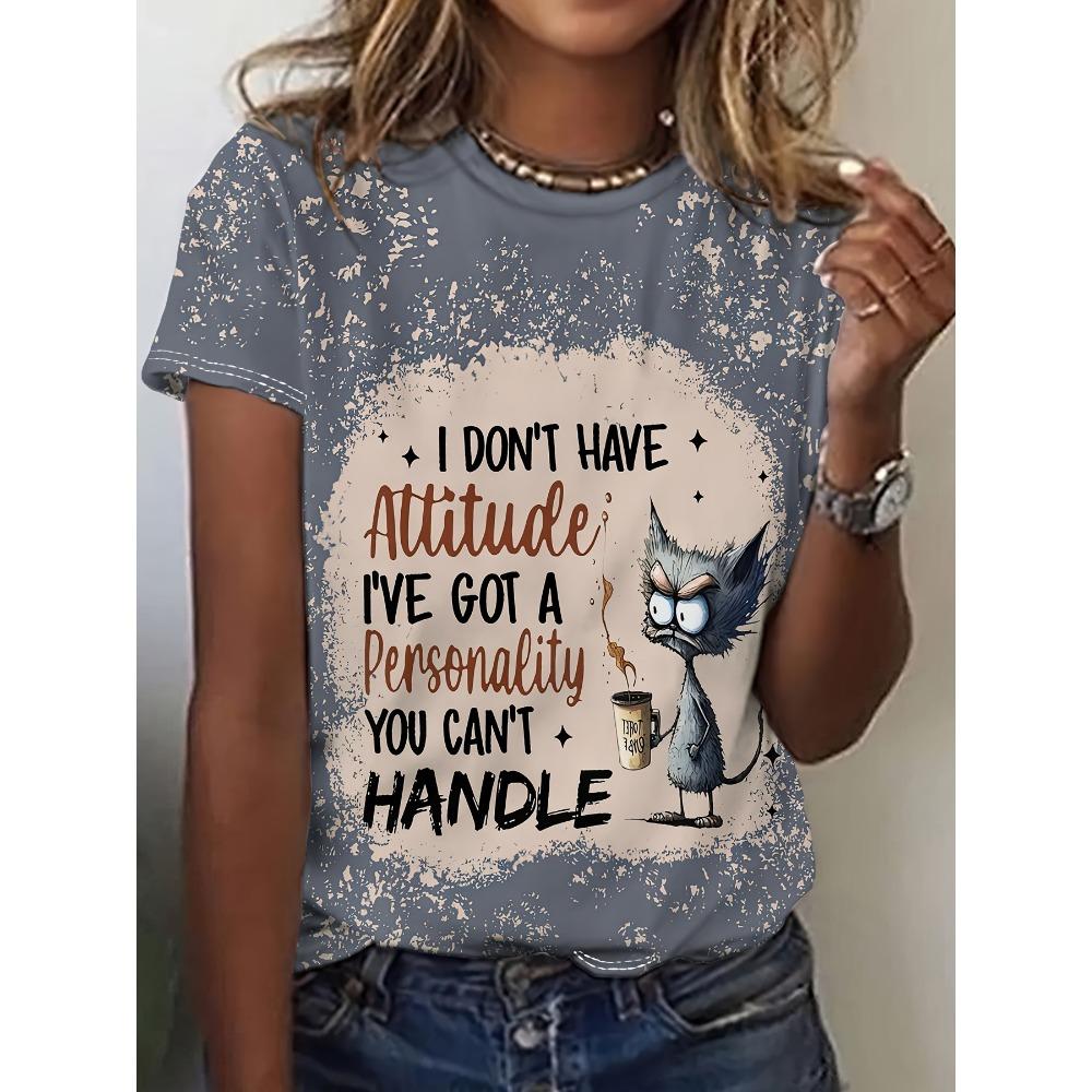 Women Cat Print Design Harajuku Casual Short Sleeved Top Fashionable Trend