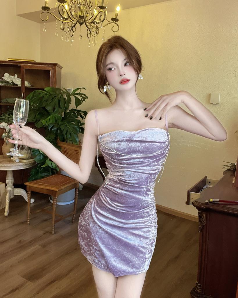 Temperament Golden Velvet Irregular Suspender Dress Nightclub Sexy Waist Pure Hip Wrap Bottom Dress