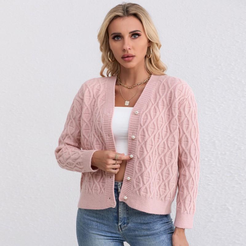 Womens V-Neck Knit Cardigan Sweater With Cable Twist Detail Thick Wool Blend Warm Outerwear