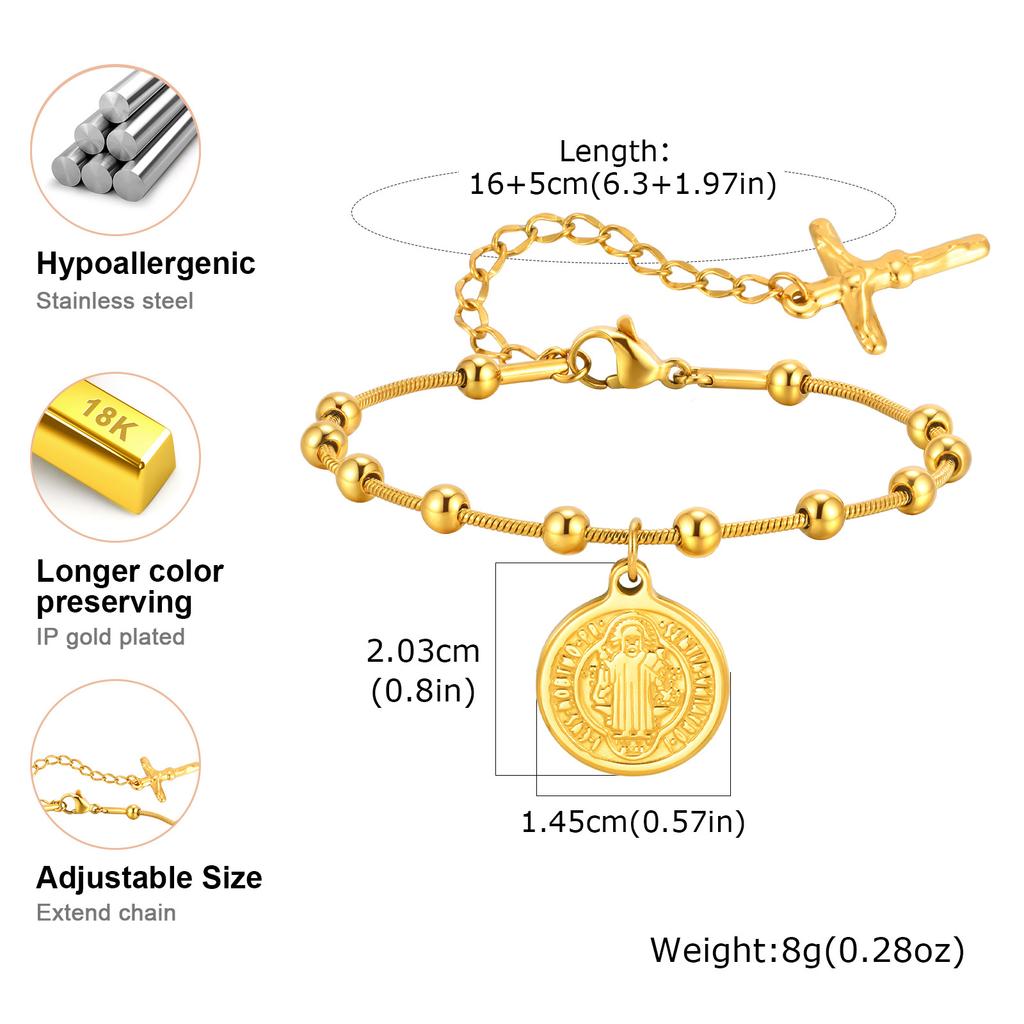 Vnox Stainless Steel Women's Rosary Bracelets, Saint Benedict Virgin Mary Jesus Cross Prayer Bracelet , Trendy Religion Jewelry