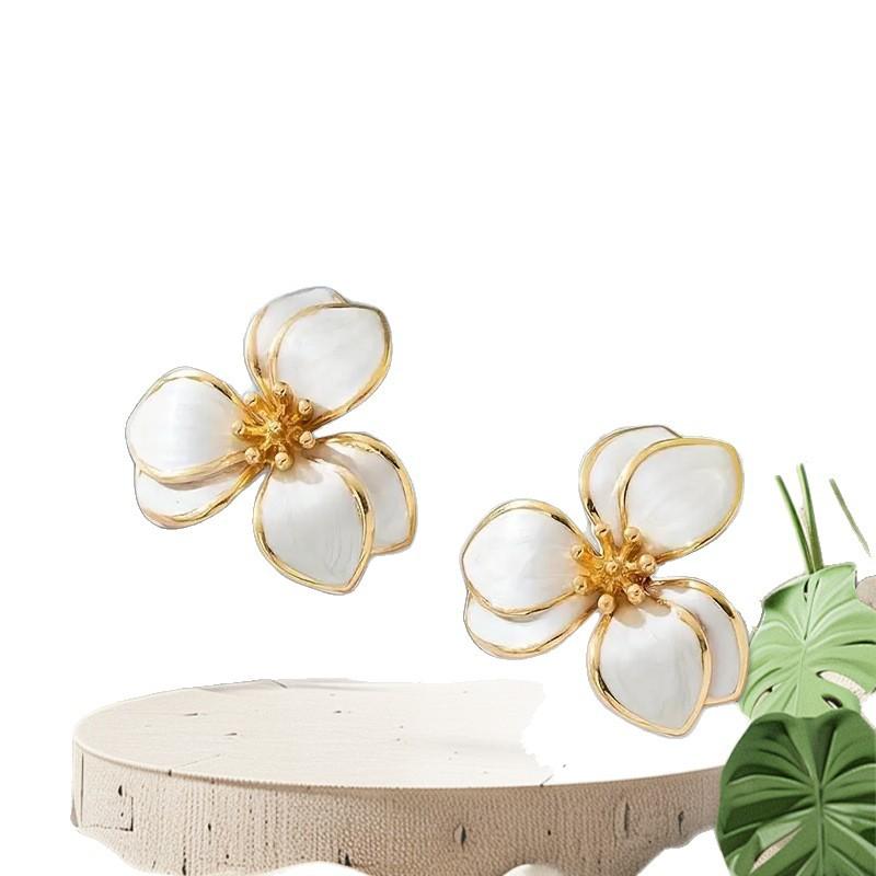 Spring and Summer Colorful Oil Dripping Flower Earrings Simple Design Double Petal Earrings for Women