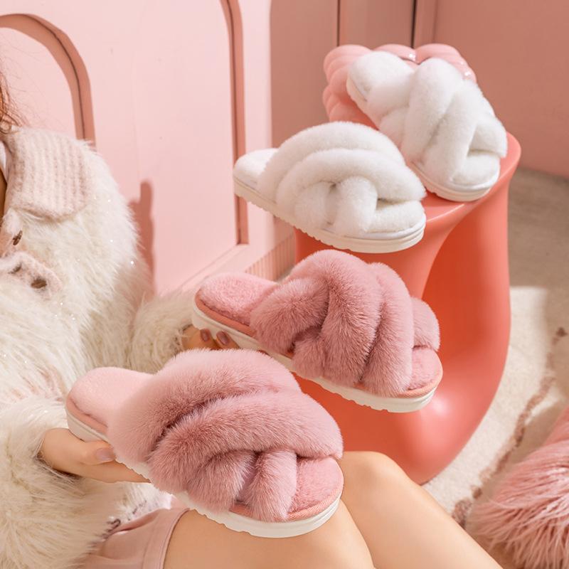 Women Fluffy Slippers Winter Warm Plush Slipper Cross Straps Fur Slipper Winter Warm Home Slippers for Women Flat Cotton Slides