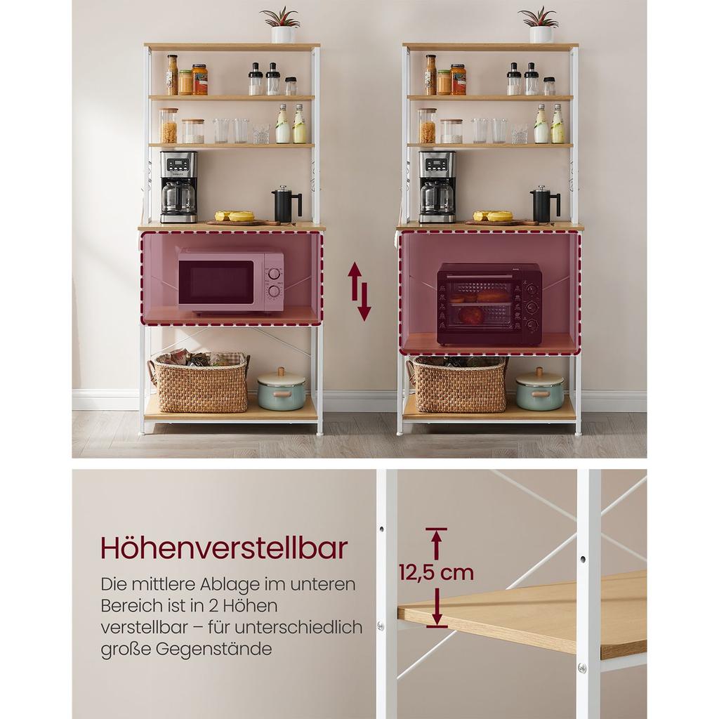 VASAGLE Kitchen Shelf Stand Rack Microwave Shelf Stand 6 Tier 6 Shelves and 6 Hooks Microwave Steel Frame Industrial Design 40 x 80 x 167 cm Oak White