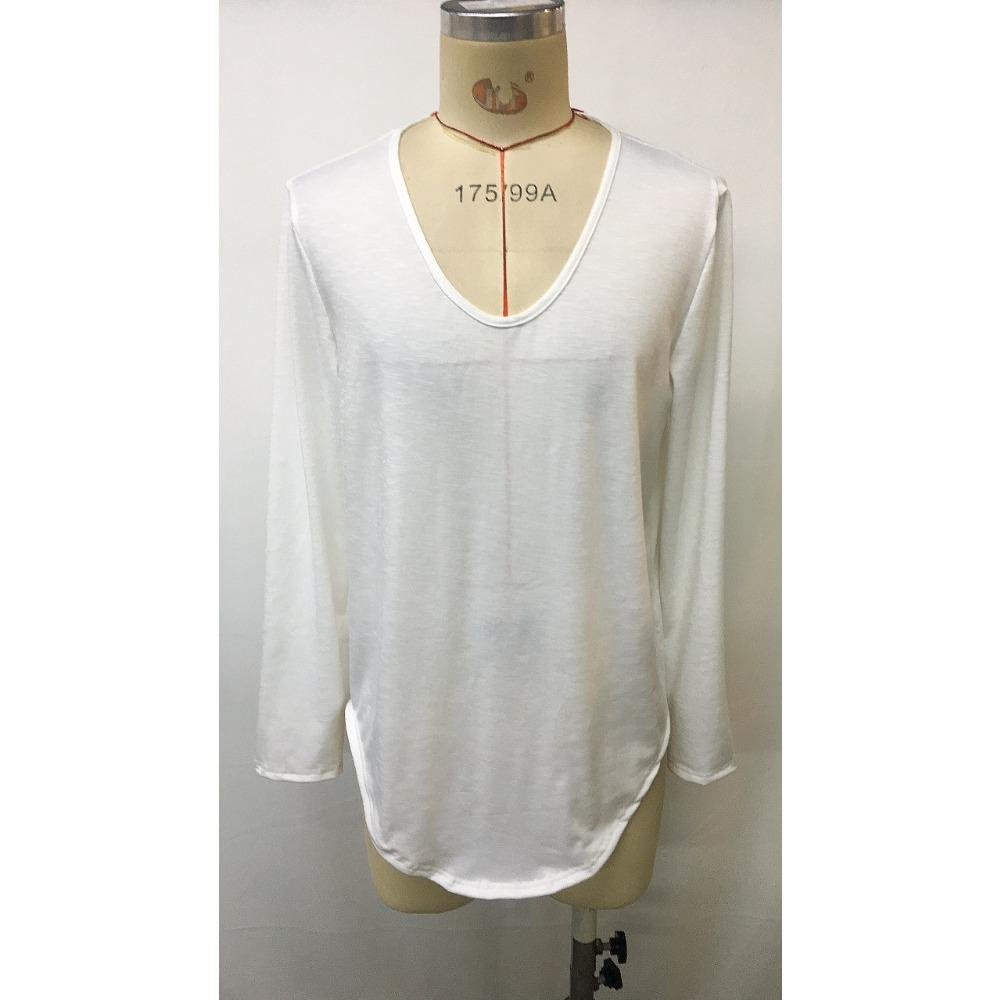 Czysty Kolor Cienkie Oddychające T-shirty Męskie z Dekoltem w Serek Casual z Długim Rękawem