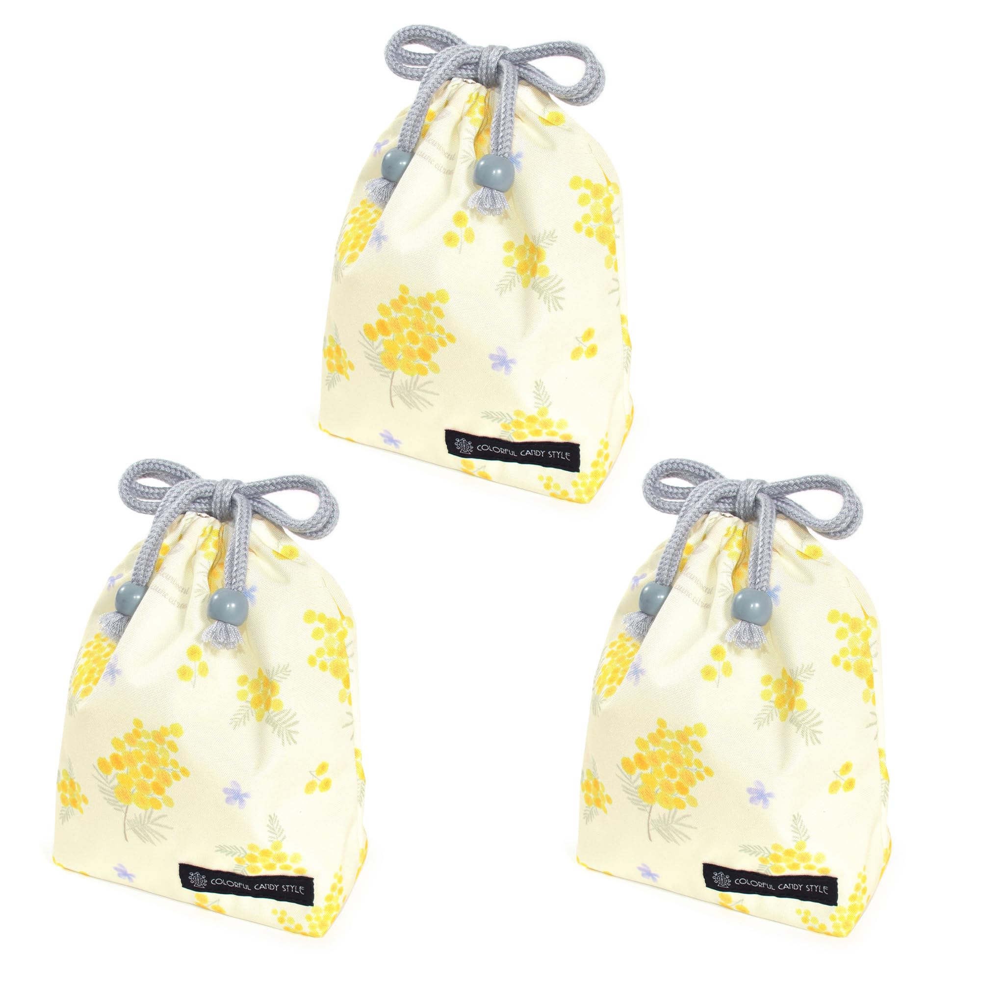 

COLORFUL CANDY STYLE Small Drawstring Bags (with Name Tags), Water-Repellent, No-Iron, Mimosa Fleur (All-Over Print), Set of 3, Cute for Girls, Kids,