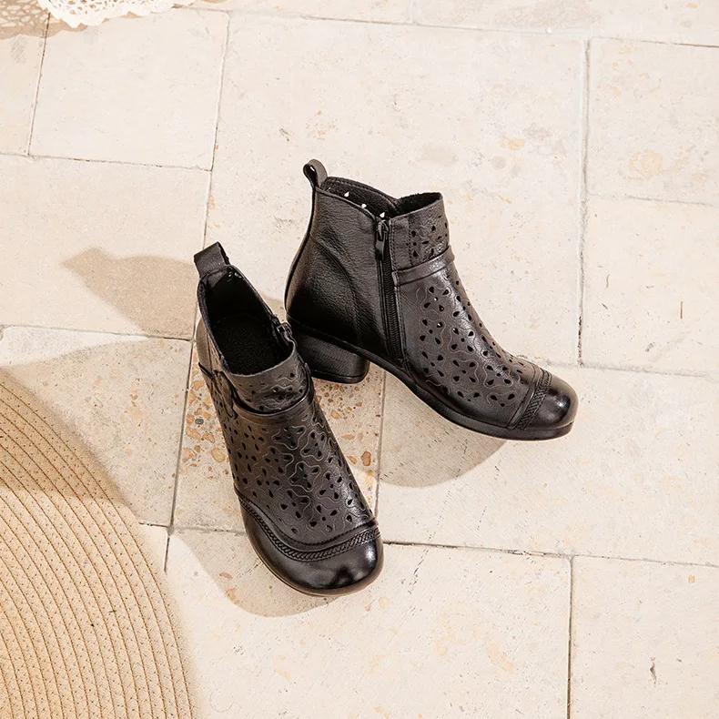 Johnature Hollow-out Genuine Leather Short Boots Retro Thick Heel Breathable Soft Soled Women's Shoes