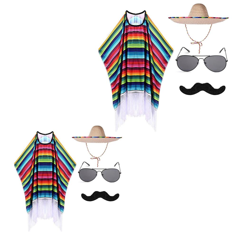 Mexican Party Costume Set 4Pieces, Colorful Striped Poncho with Sombrero Hat & Mustache for Halloween Fiesta Carnival Celebration