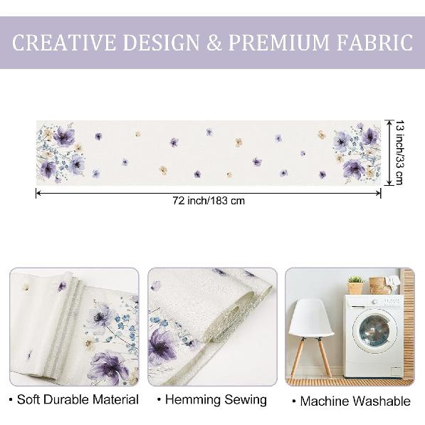 Bonhause Watercolor Floral Table Runner 13x72 Inch Lilac Purple Brown Flowers Seasonal Summer Kitchen Dinning Table Decoration for Indoor Outdoor