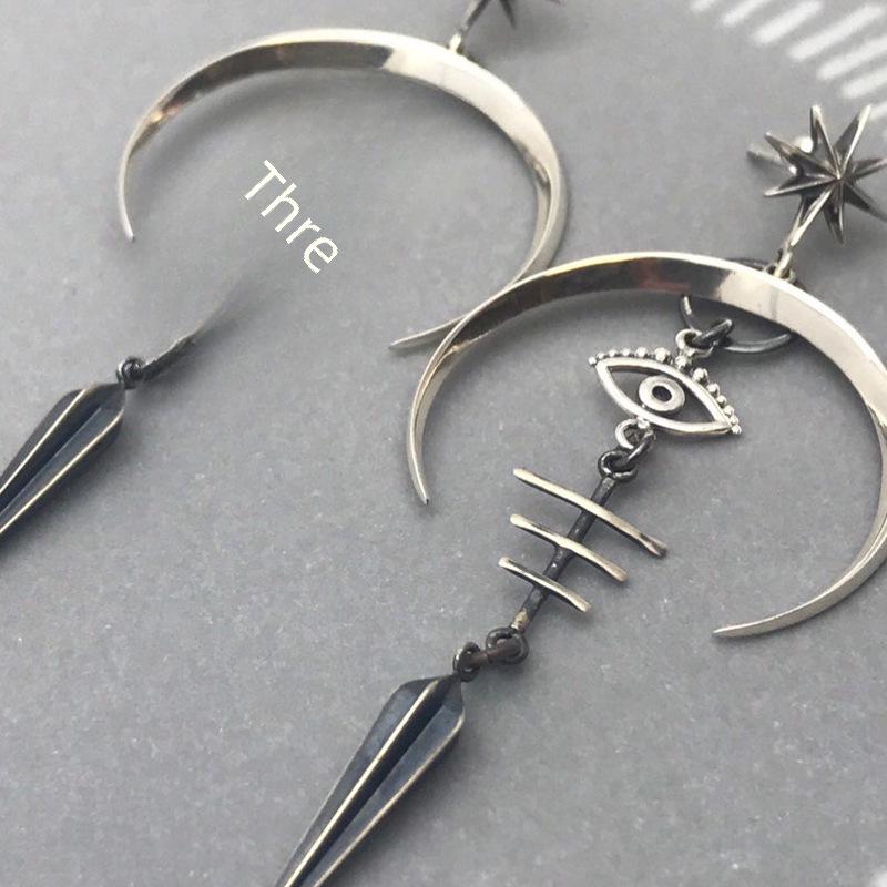 Gothic Punk Demon Eye Moon Earrings - Ancient Silver, Halloween Accessory, Long Metal Design