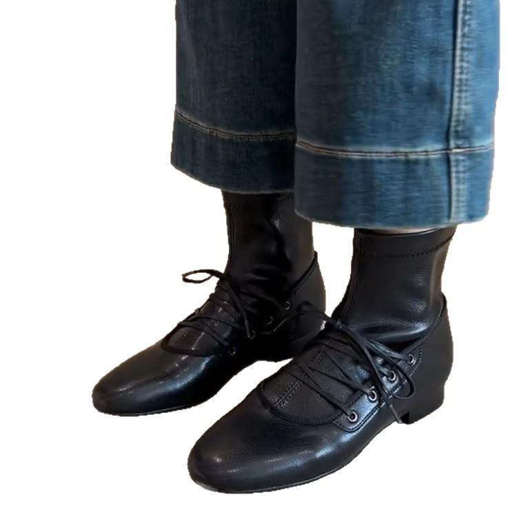 Blue Cabinet Edition~ Autumn and Winter Skinny Lace-Up Mary Jane Short Boots Women's Niche Retro Flat Bottom Back Zipper Elastic Skinny Boots