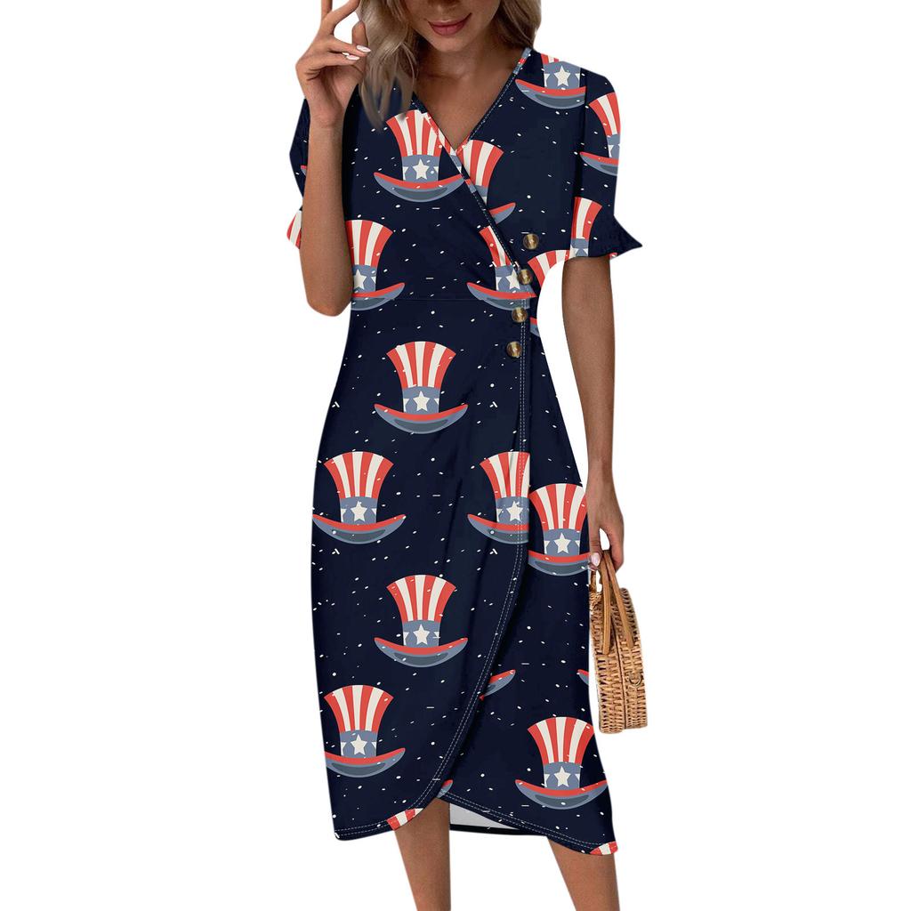 Beach Dresses For Women Spring Summer Elegant Wrap V Neck Independence Day Print Dress Flowy Ruched Hawaiian Maxi Dress
