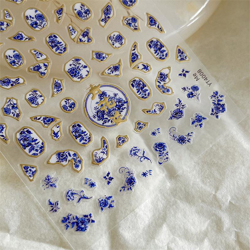 Chinese Style Blue And White Porcelain Nail Sticker Midnight Blue Floral Ceramic Nail Art Decal Slef Adhesive Diy Manicure Salon