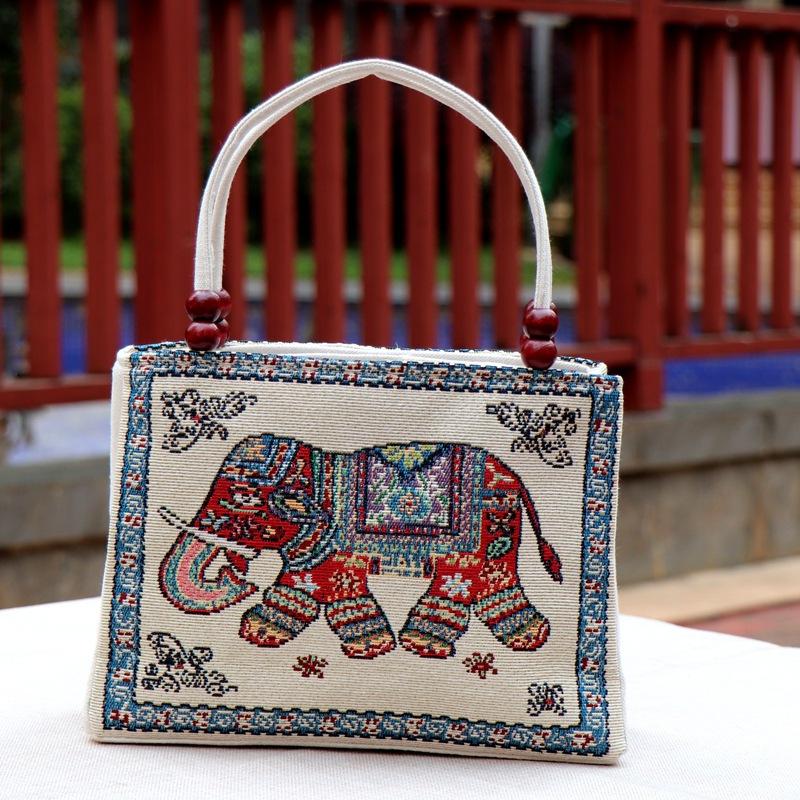 Yunnan Ethnic Style Double-layer Wooden Bead Bag Elephant Embroidery Bag Ethnic Fabric Bag