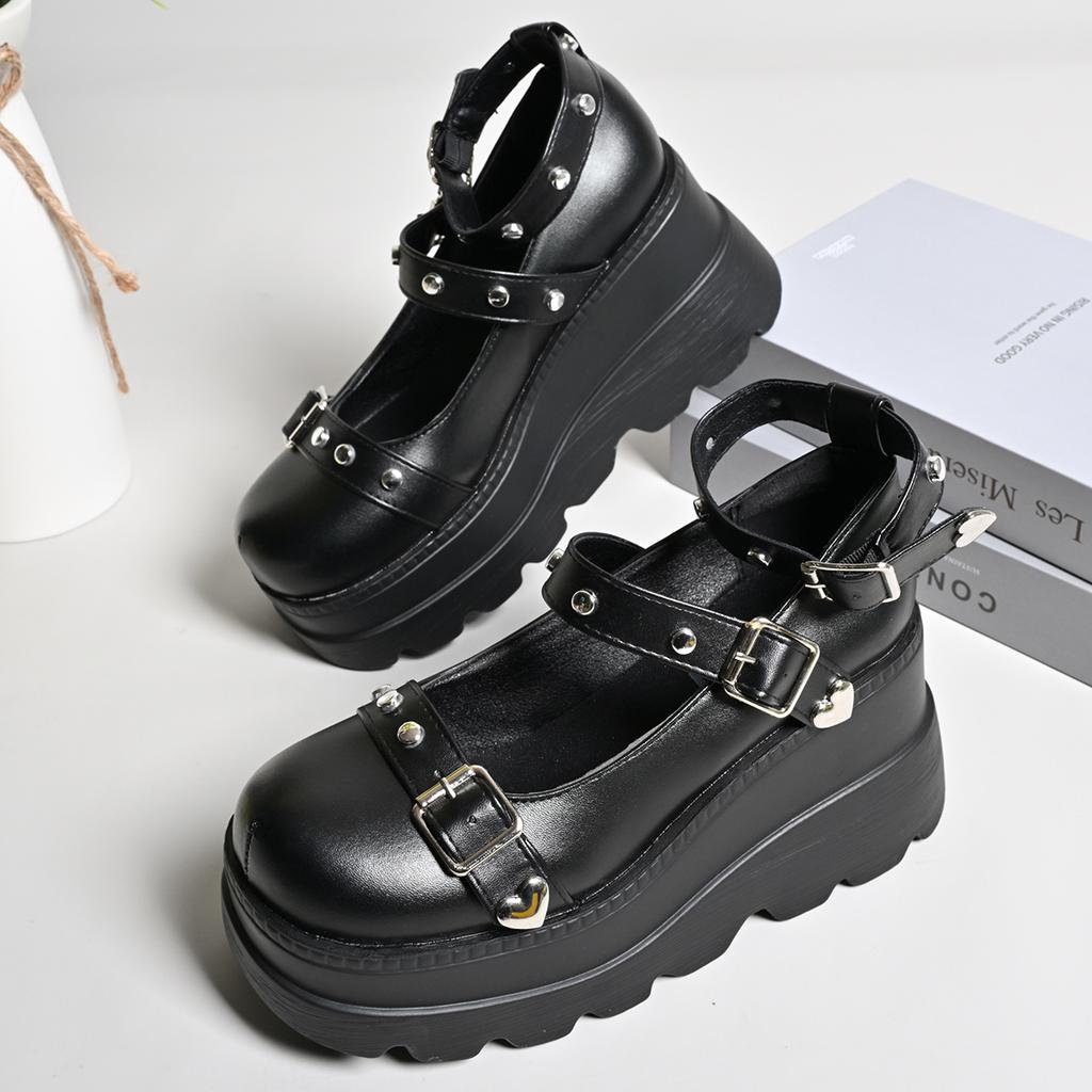 Fashion New Ladies Goth Platform Pumps Fashion Heart Buckle Rivet Punk Wedges High Heels Women's Pumps Party Street Shoes Woman Cosplay