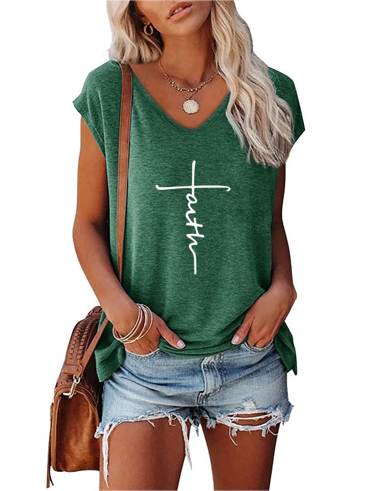 Women Print T-shirt Summer Fashion V Neck Short Sleeve Top Ladies Casual Tee Shirt