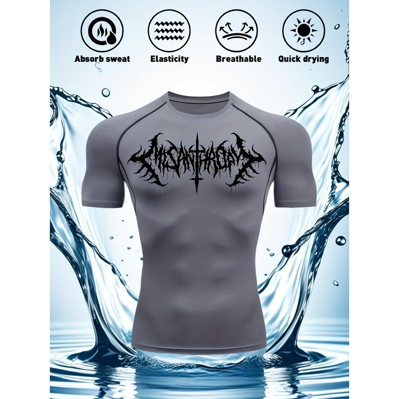 Mens Black Compression Short Sleeve T-Shirt White Death Metal Tribal Graphic Absorb Sweat Quick Dry High Elasticity Gym And MMA Athletic Top
