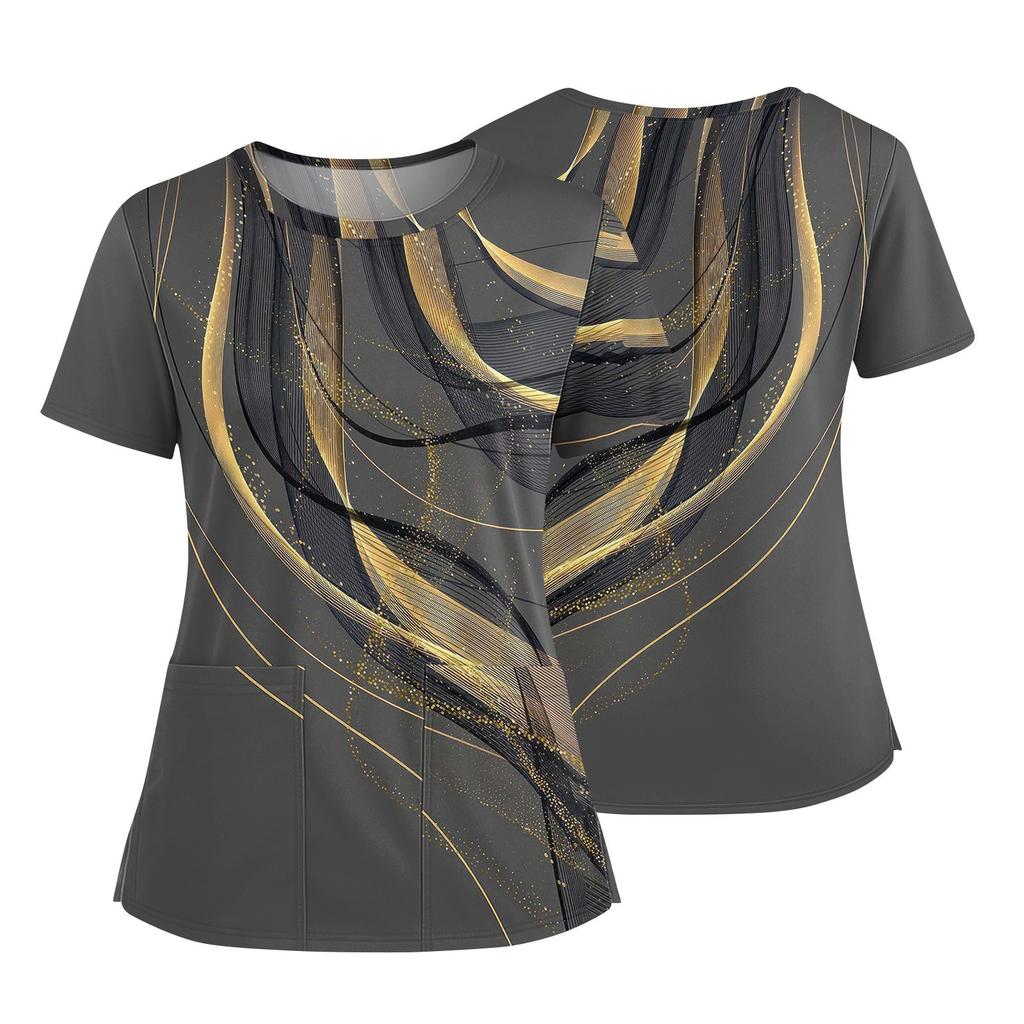 Women's Fashionable Printed Round Neck Pocket Short Sleeved Shirt With Slit Hem Uniform And Worker's Top