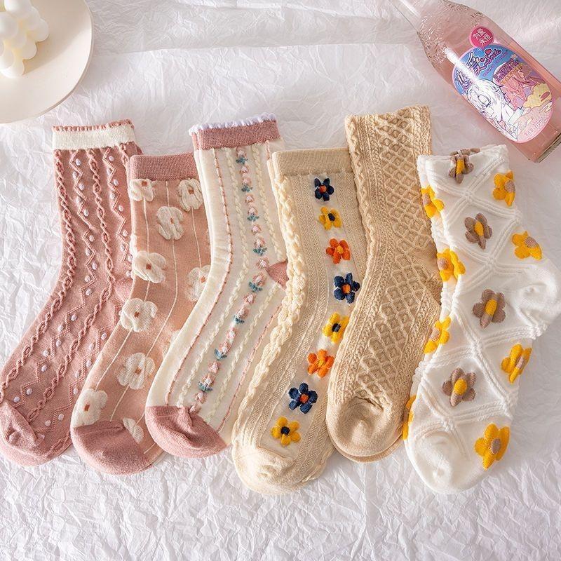 5 Pairs Spring and Summer Pink Girl Socks Medium Tube Retro Versatile Three-dimensional Korean Version Mori Cute Japanese Stockings