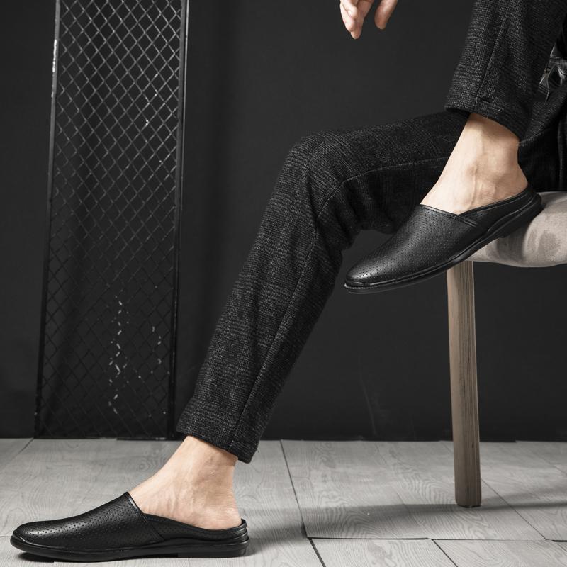 High Quality Half Shoes For Men Casual Hollow Breathable Summer Slippers Genuine Leather Mens Shoes Slip-On Flip Flops Loafers