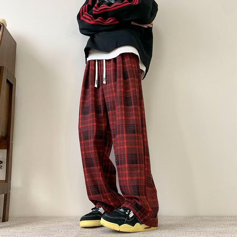 Retro Plaid Casual Pants Men's Spring and Autumn New Drape Wide-leg Cityboy Trendy Sports Straight Pants